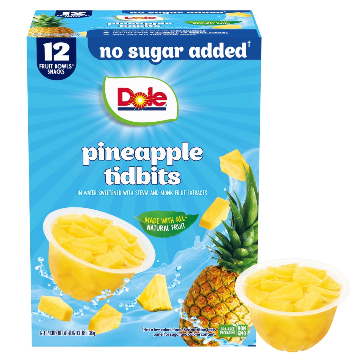 Dole Fruit Bowls No Sugar Added Pineapple Tidbits, 4 oz Cups (12 Pack)