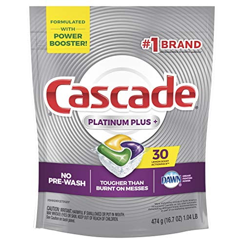 Cascade Platinum Dishwasher Pods, Actionpacs Dishwasher Detergent, Lemon Platinum Plus, 30 Count