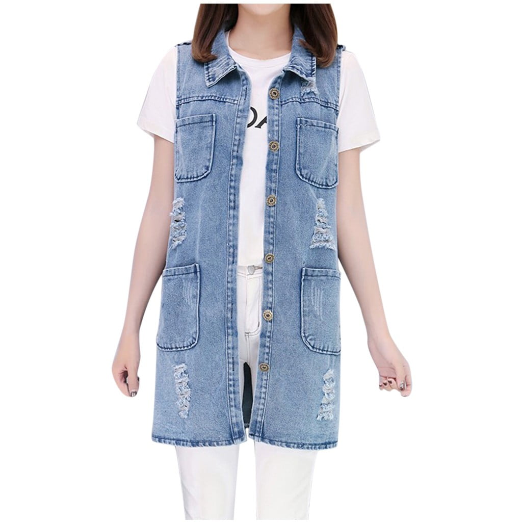 Women s Distressed Sleeveless Jean Jacket Button Mid Long Denim Cardigan Vest Casual Ripped Waistcoat Vest with Pockets