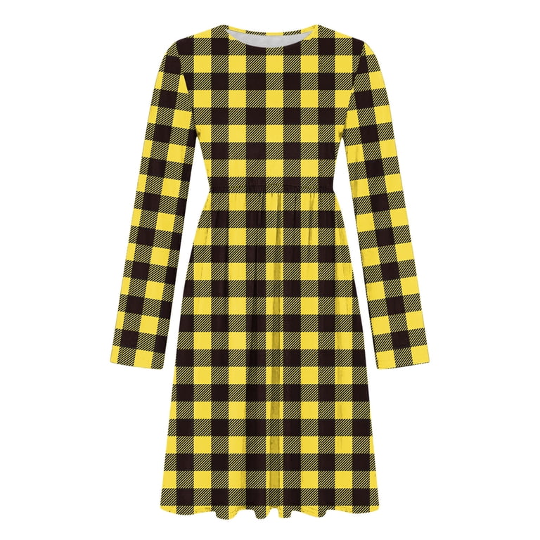 Miqool Womens Plaid Midi Dress, Pleated Crew Neck Long Sleeve Work Dresses, Loose Fit Holiday Daily Dresses, Women's, Size: Medium, Gold