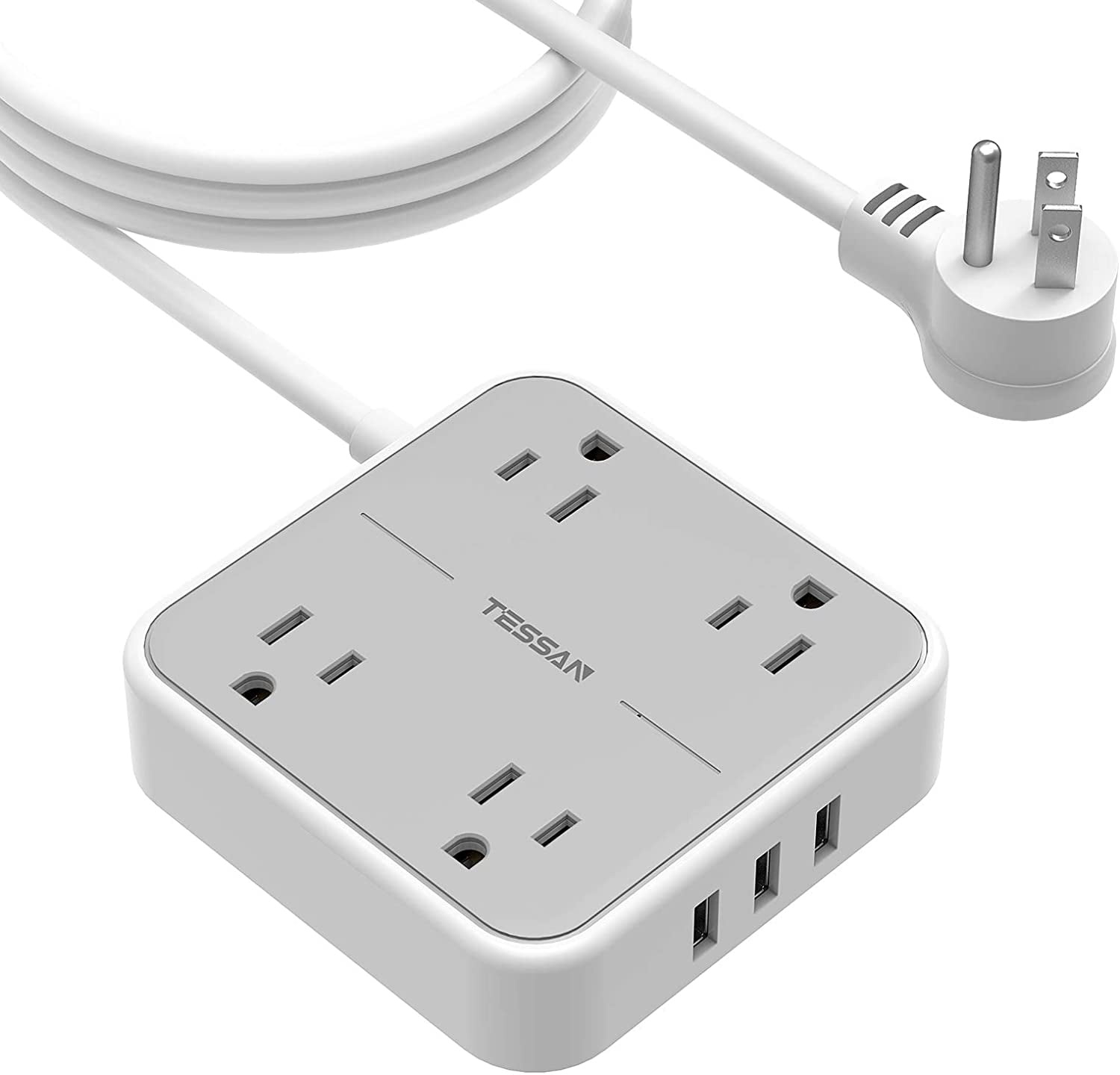 Flat Plug Power Strip with Long Extension Cord,4 Widely Spaced Outlets 3 USB