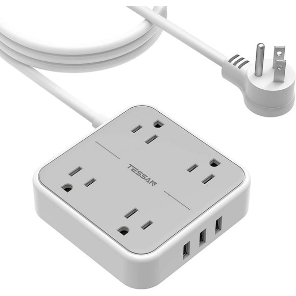 Long Extension Cord Indoor, 9.8 Feet Flat Plug Power Bar with USB, TESSAN 4 Widely Spaced Outlets 3 USB Charging