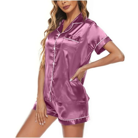 Pajamas pstuiky Pajamas for Women Set  Women Silk Pajamas Women s Short Sleeved Pajamas Soft Satin Home Wear 2 Piece Shorts Set Leisure Purple XL