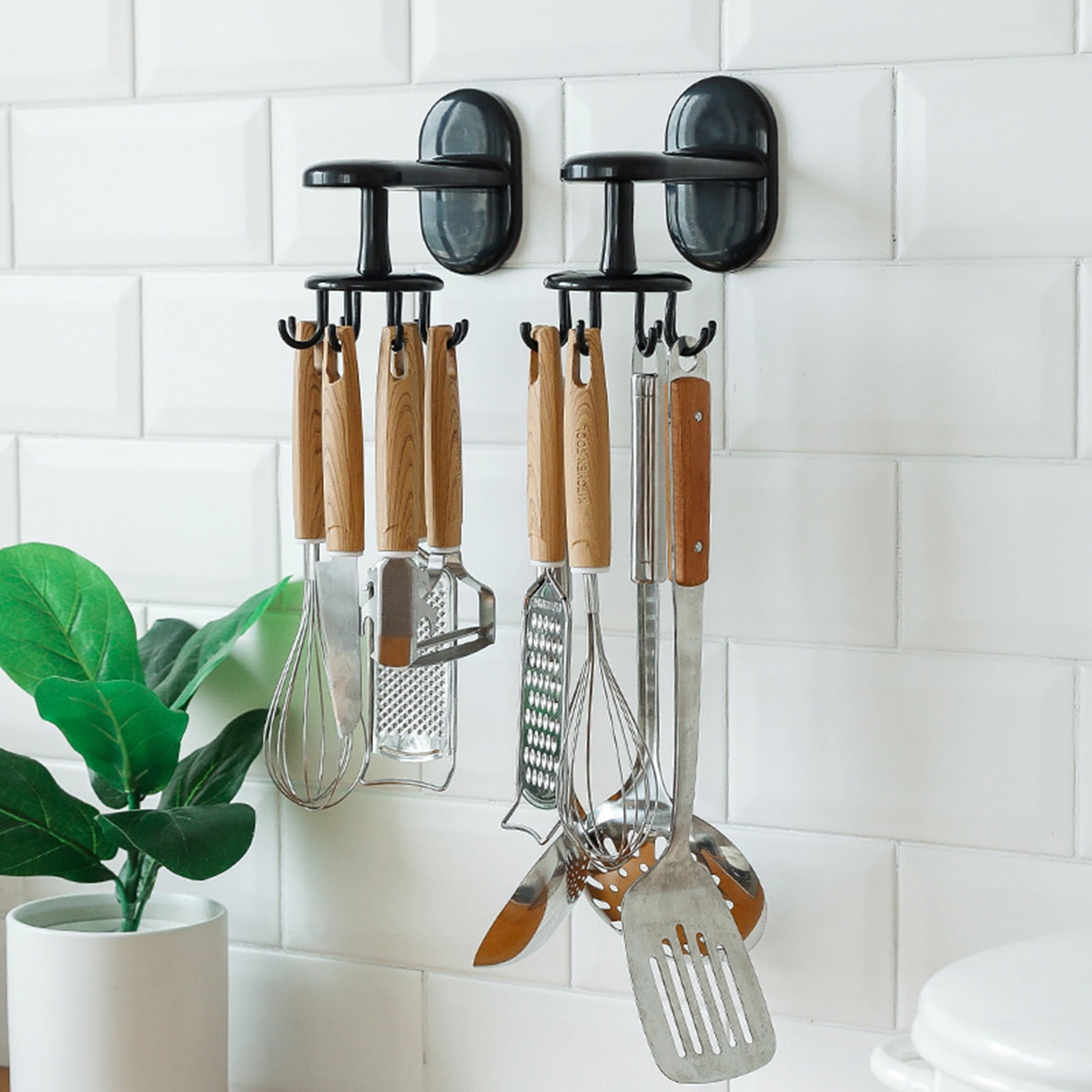 Kitchen Utensil Hanger with 6 Hooks, Under Utensil Holder 360° Rotatable Kitchen Hooks