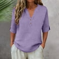 thumbnail image 2 of Bixock Women's Casual Short Sleeve Blouse,V-Neck Soild Color Tops,Linen Fashion Solid Color Button Loose Fitted Casual Daily T-shirts, 2 of 5