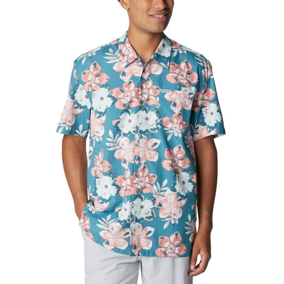 Columbia Mens Regular fit Short Sleeve Button-Up Shirt Small Blue Pink Floral