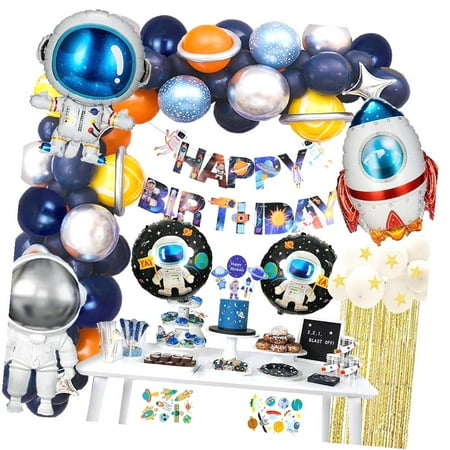 SKYSONIC Outer Space Theme Birthday Party Decorations - Happy Birthday Banner, Balloons, Tattoo Stickers, Cake Toppers for Astronaut Party Supplies