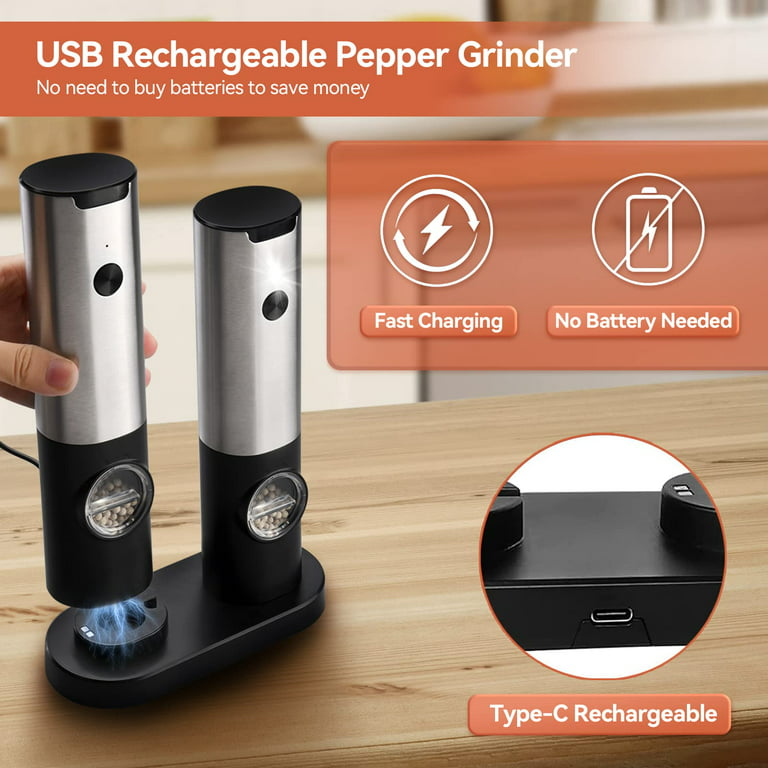 Cocobela 2 Pack Electric Salt and Pepper Grinder Set Battery Operated Auto Mill, Stainless Steel Automatic Shaker with Light,One Hand Automatic
