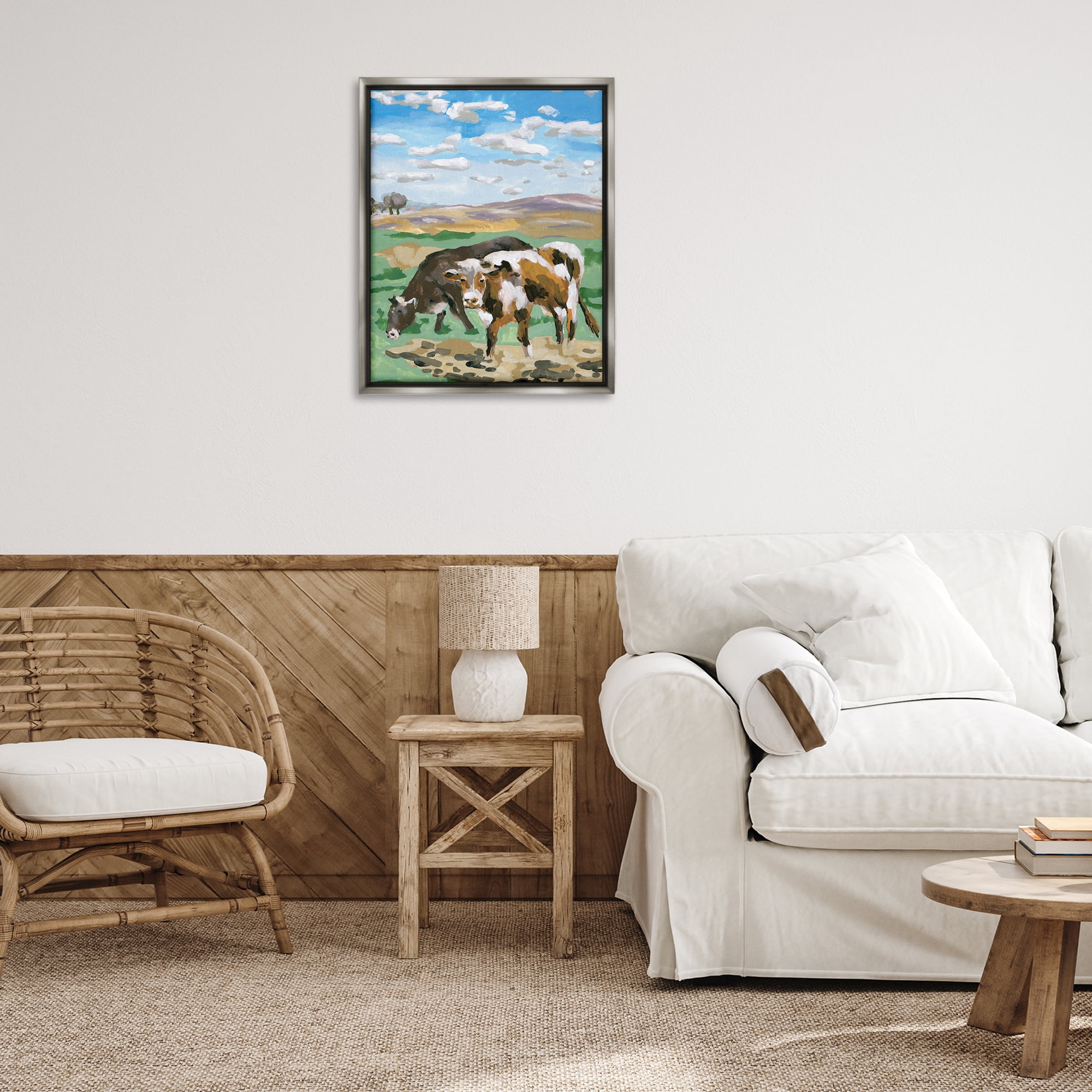 Stupell Industries Grazing Cattle Landscape Animals Painting Gray Floater Framed Canvas Art Print Wall Art, 25 x 31