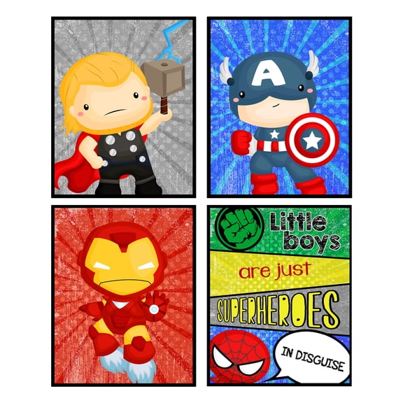 Little Boys Are Just Superheros In Disguise - Room Wall Art Prints Decor (Set of Four) Decoration Wall Hanging Picture Sign