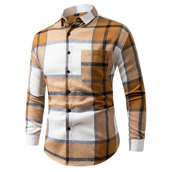 Mens Dress Shirts Long Sleeve Slim Fit Checked Shirt Fashion Business Formal Work Shirts Casual Button Down Country Check Shirt Wrinkle-Free Long Sleeve Tops Yellow L