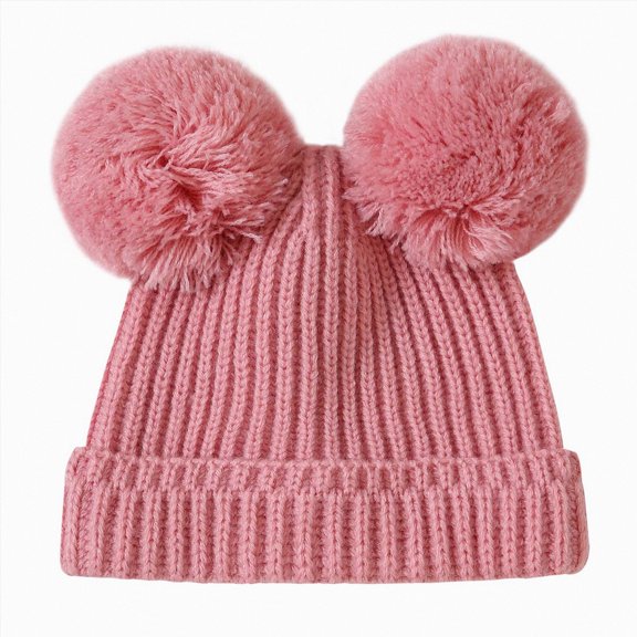 Kids Double Pom Pom Knit Beanie,Cute Winter Warm Hat with Faux Fur Balls