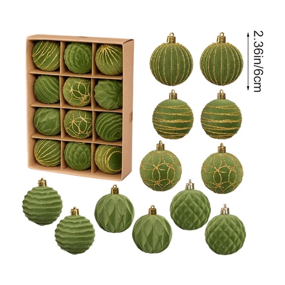 12 Pack Light green Flocked Christmas Ball Ornaments,2.36 Inch Velvet Suede Baubles with Gold Glitter Lines,Embossed Textured Hanging Balls for Christmas Tree,Winter Holiday Xmas Party Decor