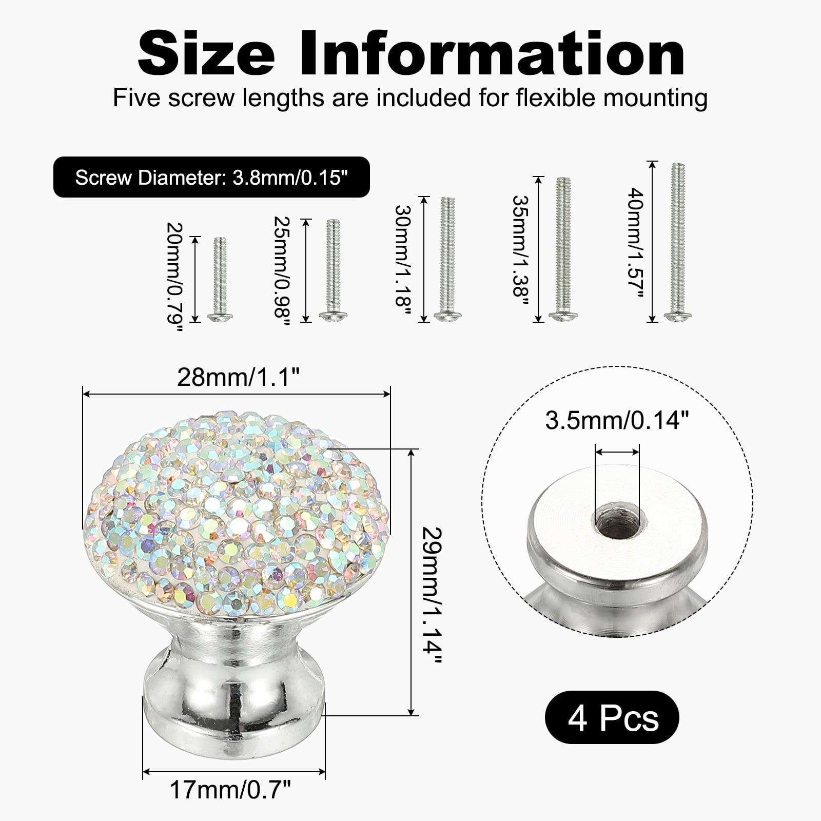 Unique Bargains Round Pull Handle 4Pcs White Base + AB Gem