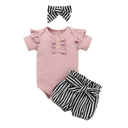 

EHTMSAK Newborn Infant Baby Toddler Girl Summer Button Bodysuit and Shorts Set Ruffle Outfits Short Sleeve Clothing Set with Headband Pink 0-2Y 90