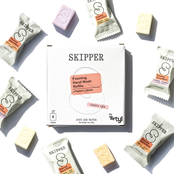 Tirtyl Skipper Recambios de tabletas de jabón de manos espumoso - Paquete de 6 - 48 fl oz en total (6x 8 fl oz) - Renombrado - Embalaje compostable - Paquete de fragancia variada