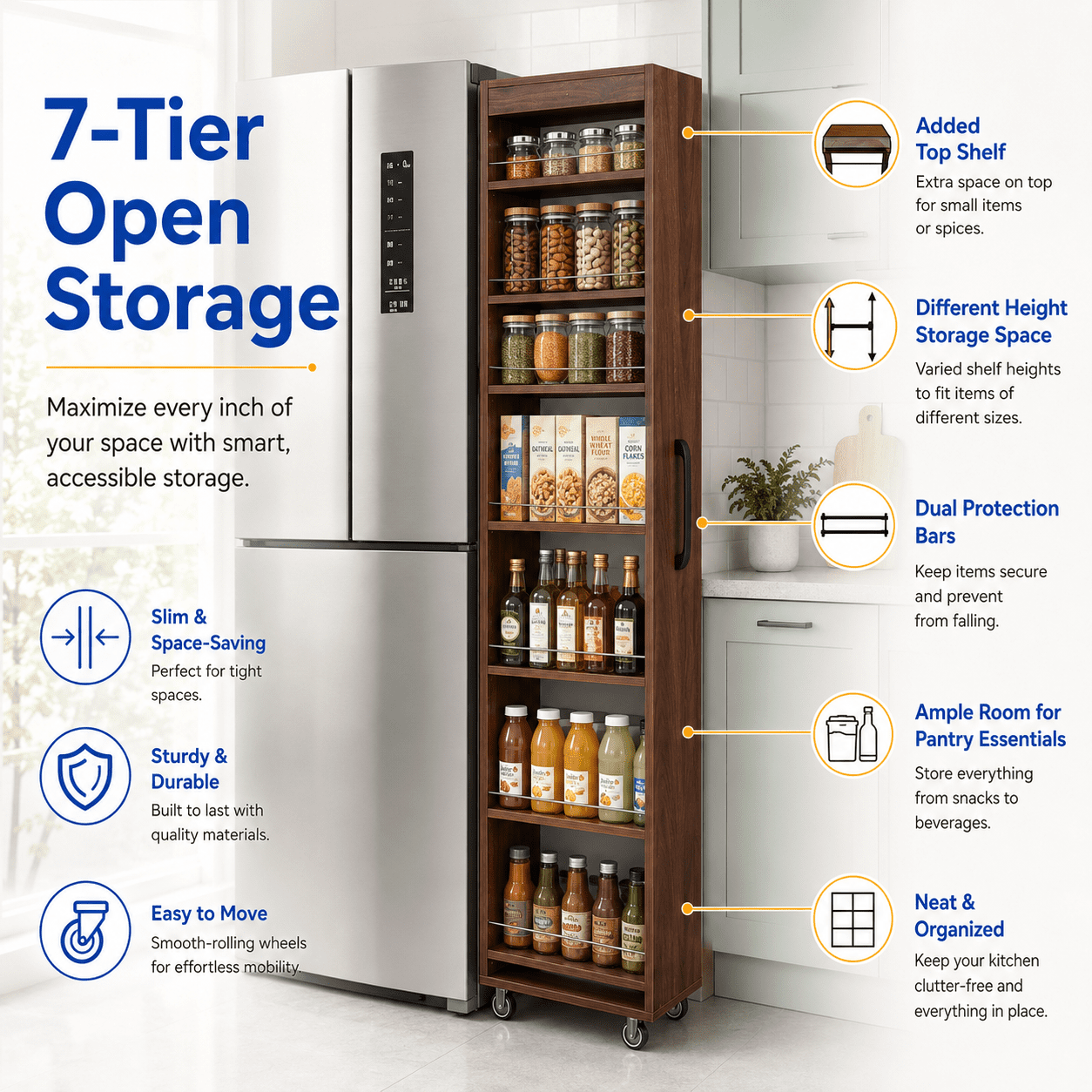 Aukfa 7-Tier Slim Rolling Pantry Cabinet, 70.7" Narrow Pull-Out Kitchen Storage Cart with Handle and Casters,Walnut