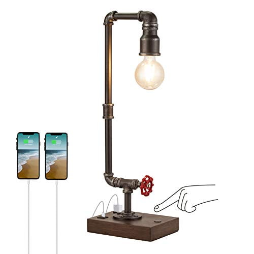 expand Passerby impulse 24" Industrial Table Lamp with Touch Control, 2 USB Charging Port and AC  Power Outlet, 3 Way Dimmable Farmhouse Lamps, Rustic Pipe Steampunk Desk  Lamp for Living Room, Bedroom Read, Bulb Included -