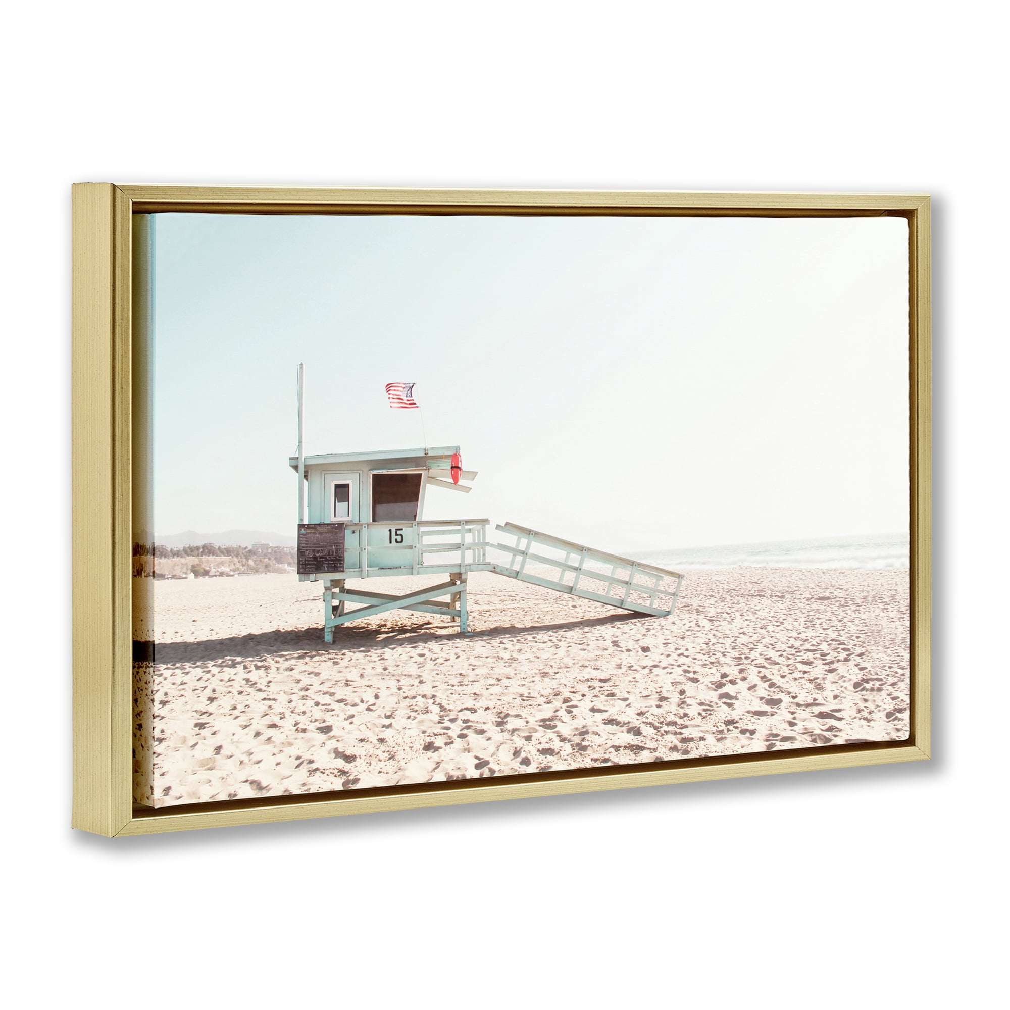 Lifeguard Hut Sunny Day Gold Framed Floater Canvas Wall Art, design by Sisi and Seb
