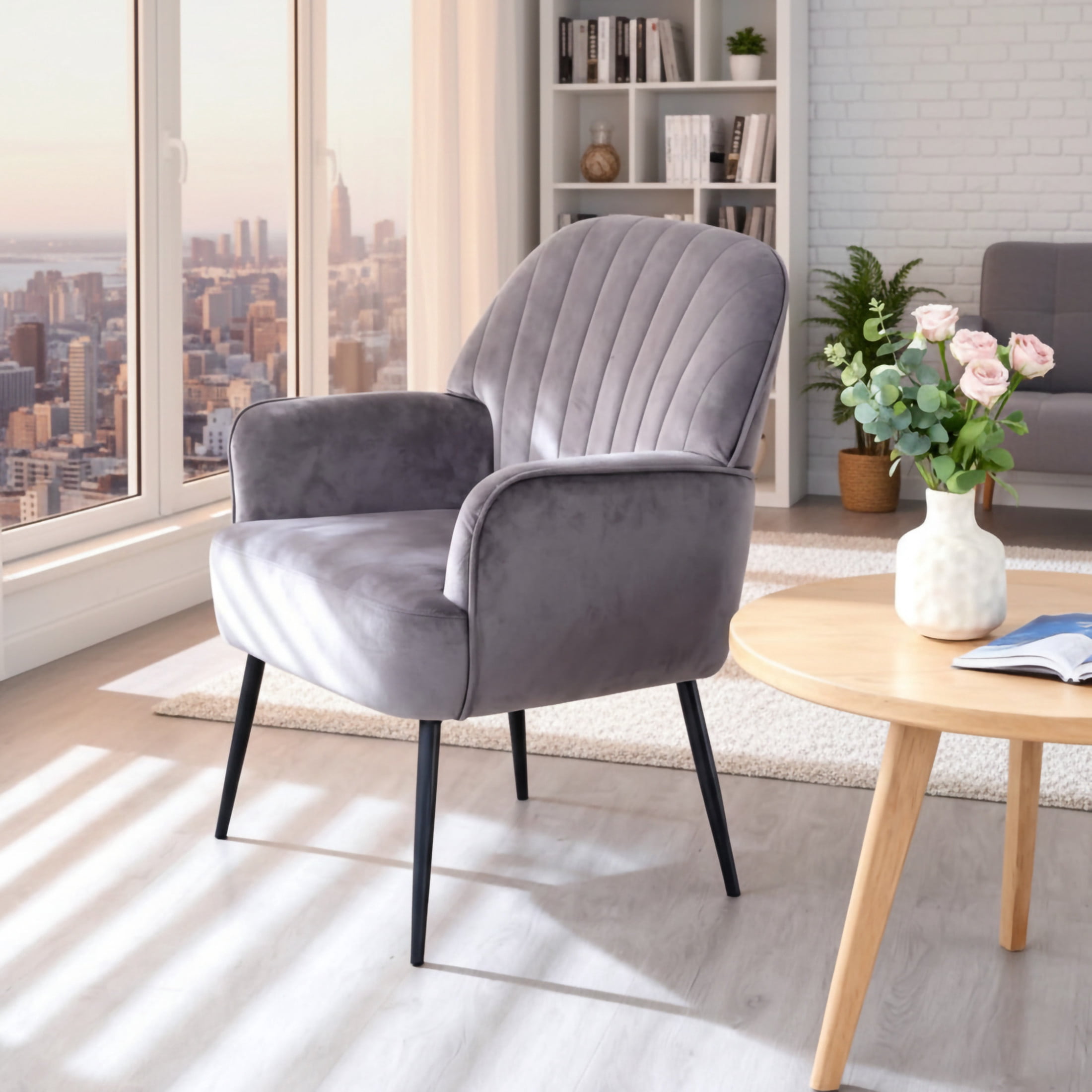 Noble House Ordis Velvet Accent Chair with Shell-Shaped Backrest & Metal Legs, Comfy Barrel Chair for Living Room, Grey