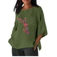 thumbnail image 1 of Xihbxyly Hauts pour Femmes Chemise Décontractée Imitation Coton et Lin Imprimé Manches 3/4 Col Rond T-shirt à Poche Surdimensionné Chemise Décontractée Légère et à la Mode Haut d'Été Offres de Vacances, 1 of 1