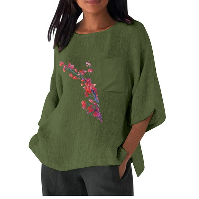 Xihbxyly Hauts pour Femmes Chemise Décontractée Imitation Coton et Lin Imprimé Manches 3/4 Col Rond T-shirt à Poche Surdimensionné Chemise Décontractée Légère et à la Mode Haut d'Été Offres de Vacances