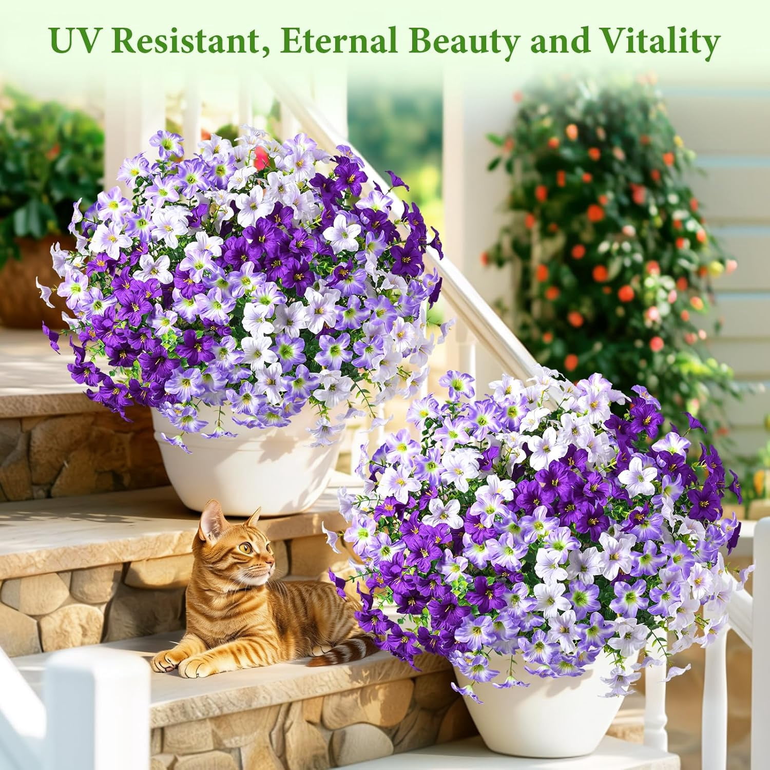 Yastouay 12 Bundles Artificial Petunias Flowers for Outdoors,UV Resistant Fake Flowers for Planters,Purple White Faux Petunias Silk Flowers for Proch Garden Yard Decor