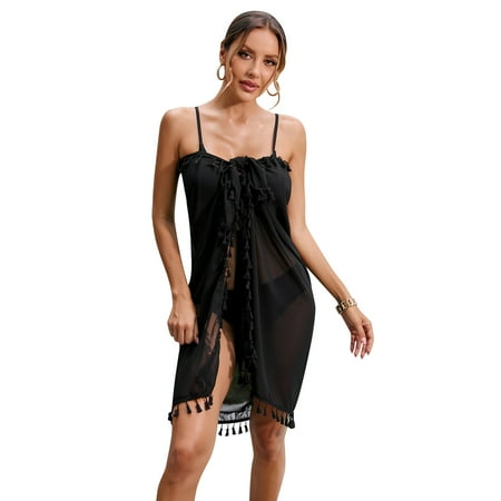 Long Sarongs for Women Beach Wrap Semi-Sheer Beach Tie Skirts Chiffon Bikini Bathing Suit Coverups  Black