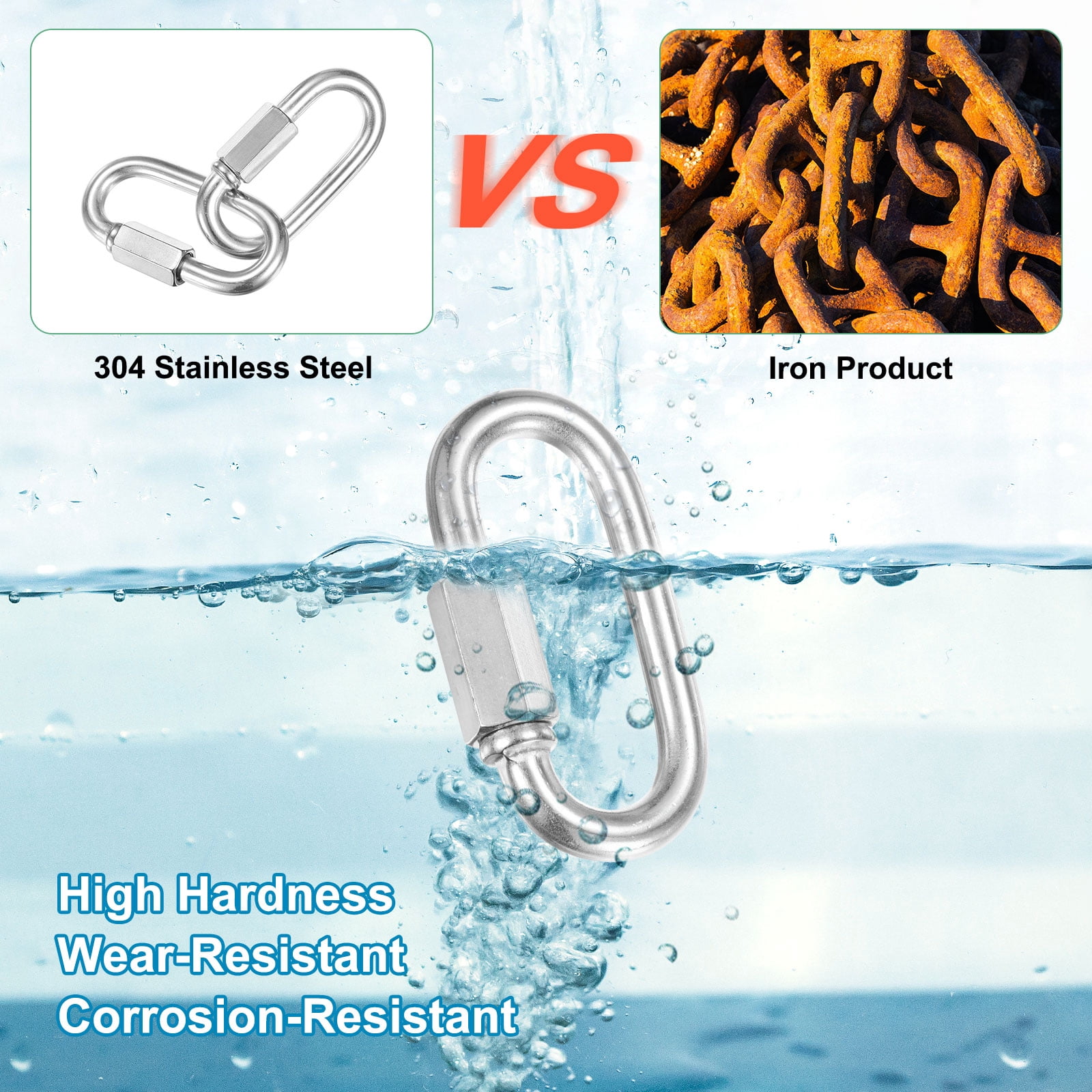 6-Pack Quick Chain Link Connector, M8 5/16 304 Stainless Steel D-Shape Locking Repair Chain Links for Swing/Camping/Hiking/Backpack, Twist Key Ring Screw Chain Link [Silver]