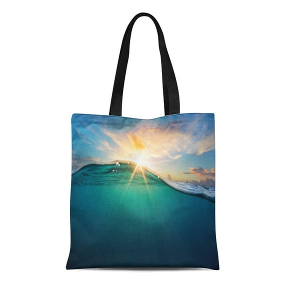 NUDECOR Canvas Bag Resuable Tote Grocery Shopping Bags Abstract Ocean Underwater Part and Sunset Skylight Splitted By Waterline Tote Bag