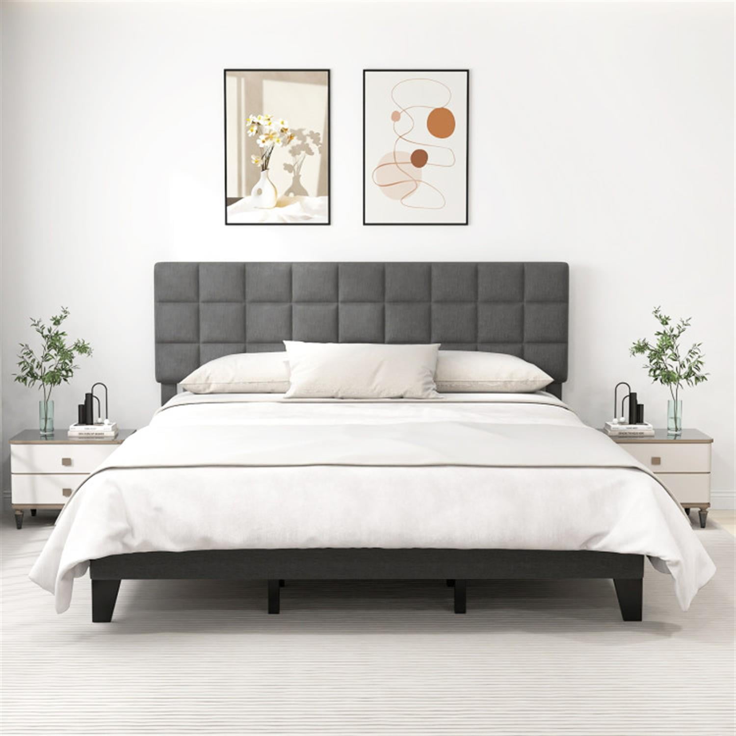 Demi Bonn King Size Bed Frame with Adjustable Headboard, Modern Linen Platform Bed Frame with 10 Strong Wood Slat Support, No Box Spring Needed, Gray