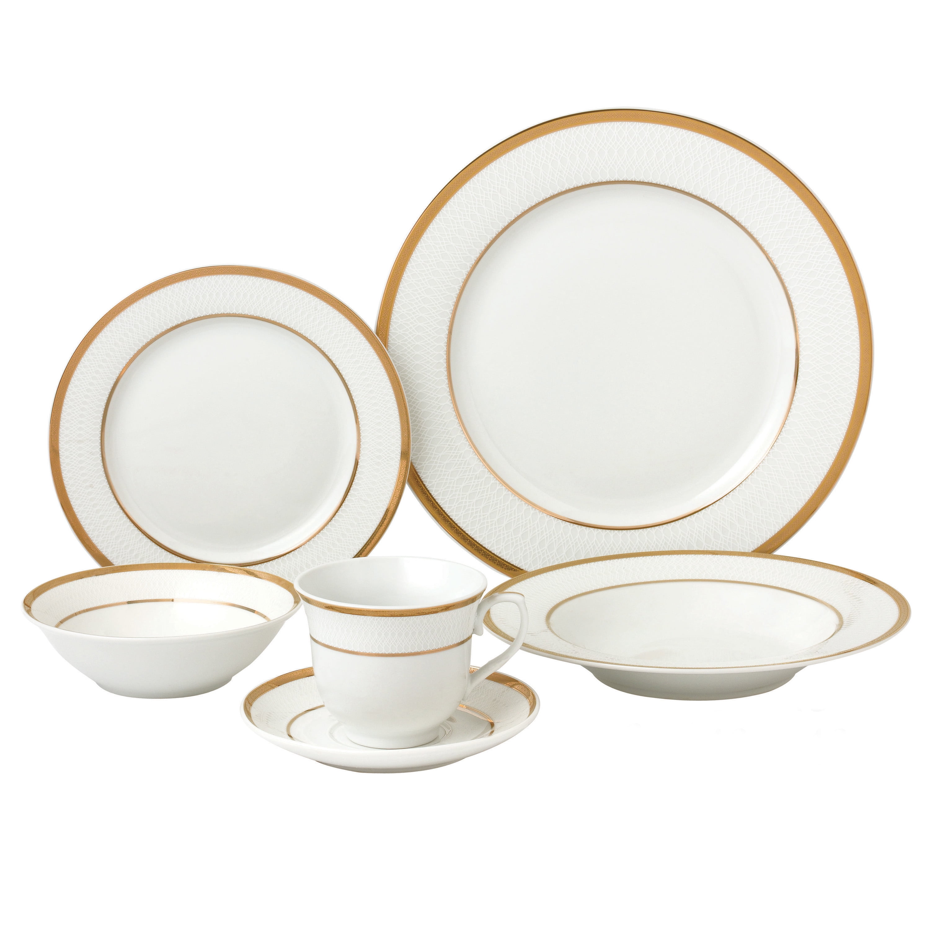 Elegant White Porcelain Dinnerware Set with Gold Trim, Service for 4