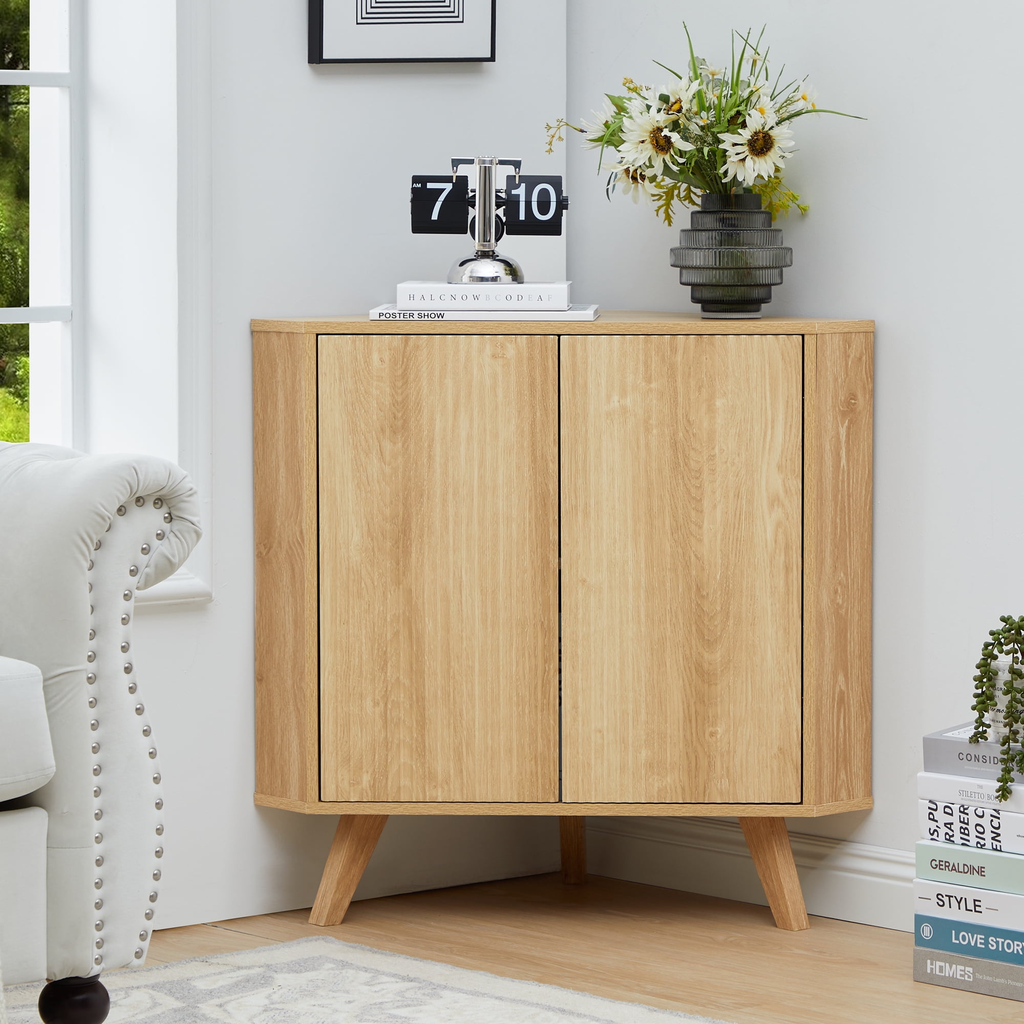 Weselon Wooden Triangular Bathroom Floor Corner Cabinet with Double Door, Freestanding Wooden Storage Cabinet Floor Organizer for Bathroom（Natural）
