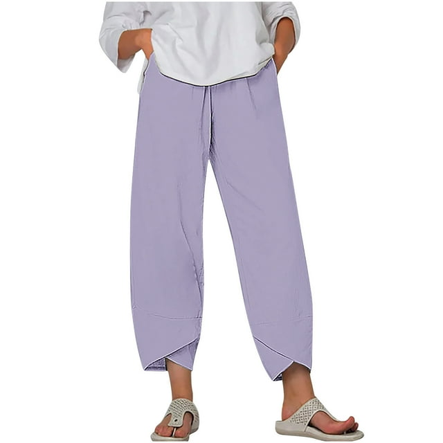 Timegard Plus Size Pants for Women Elastic Waist Solid Color Comfy Fall Casual Crop Pants with Pockets