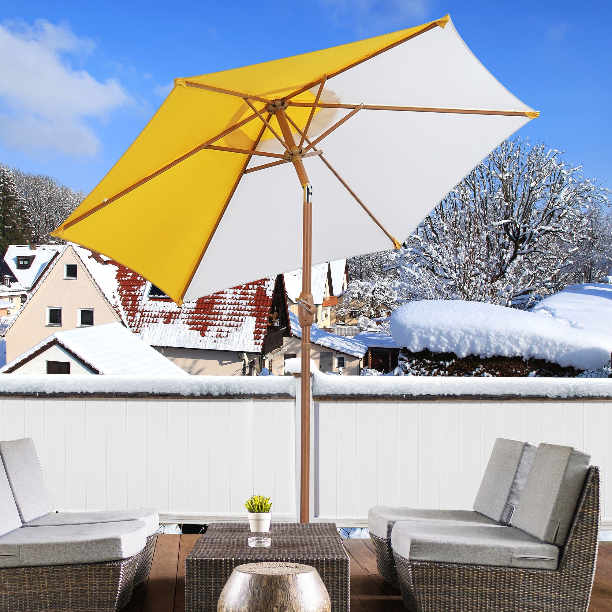 Autlaycil 7.5ft Yellow and White Patio Umbrella with Button Tilt UV Protection for Beach, Pool, Garden, Yard