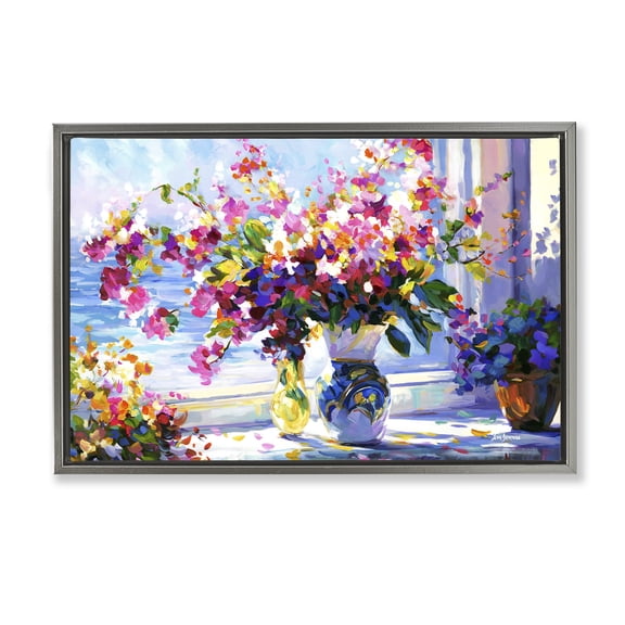 Stupell Industries Modern Morning Sun Blooms Gray Floating Frame Canvas Art, 31 x 21, by Leon Devenice