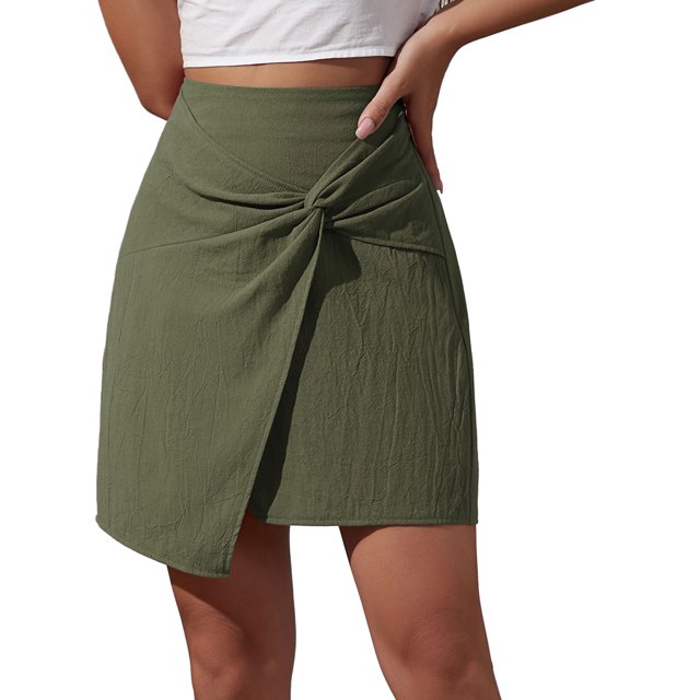 Gibobby ganchos para faldas con pinzas Falda corta de algodón de cintura alta para mujer Nueva media falda irregular con cremallera de color sólido(Verde, XL)