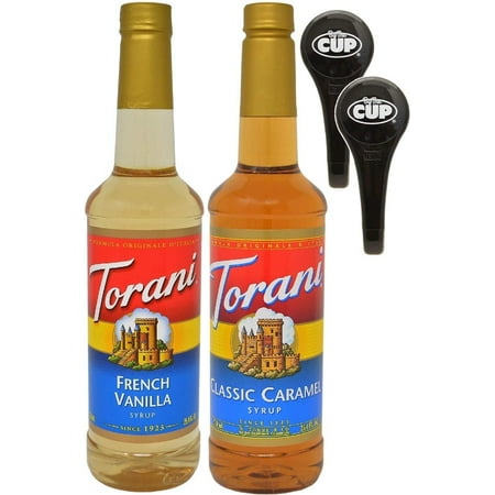 Torani French Vanilla and Classic Caramel Coffee Syrup Flavoring, 750 ML Bottle (Pack of 2) with 2 By The Cup Coffee Syrup