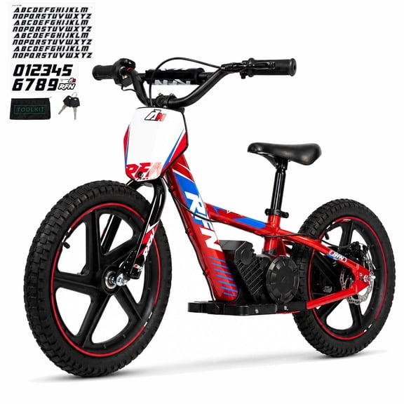 RFN DNA 16 Kids Electric Dirt Bike, 340W Max Power, 24V 5Ah Battery, 3 Speed .16-Inch All-Terrain Tires, Aluminum Frame Balance Bike for Ages 4-8.Free Stickers