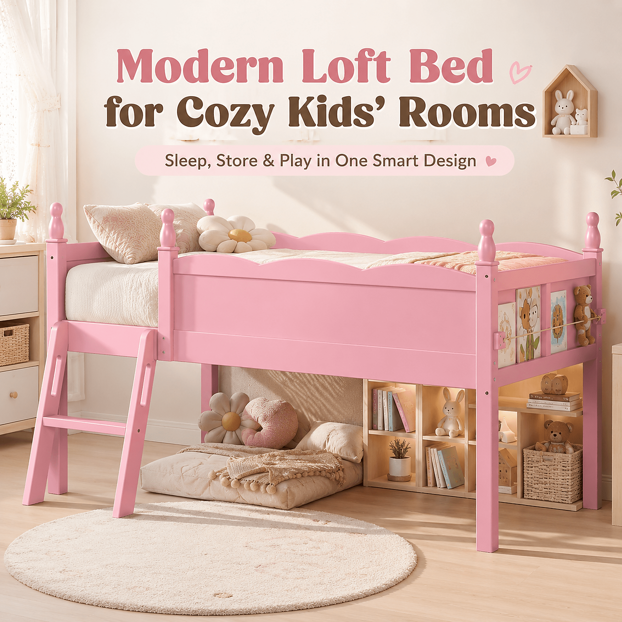 Miniyam Twin Low Loft Bed with Bookshelf and Guardrails, Wood Kids Bed for Bedroom, Pink