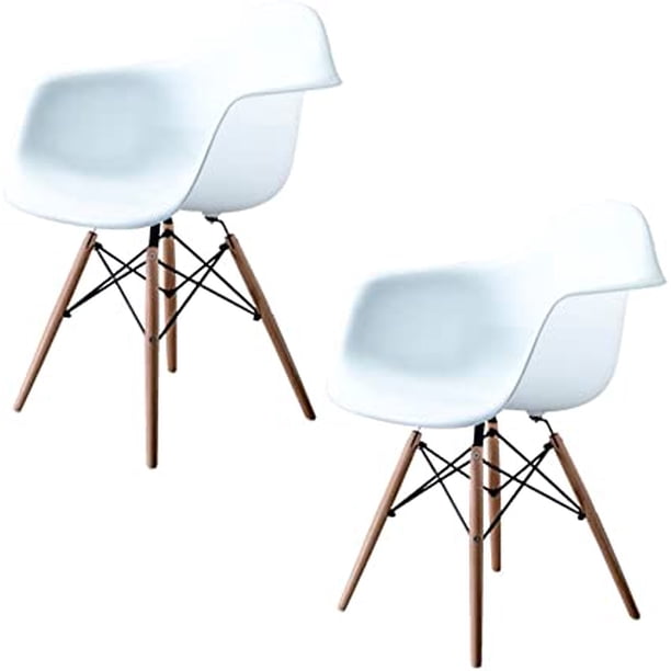 Set de 2 Sillas Replica Estilo Eames con Brazos Grupo Microtec Blanca Pata Madera Comedor Oficina Sala Cocina o Jardin Plastico Grueso Grupo Microtec Daw Daw