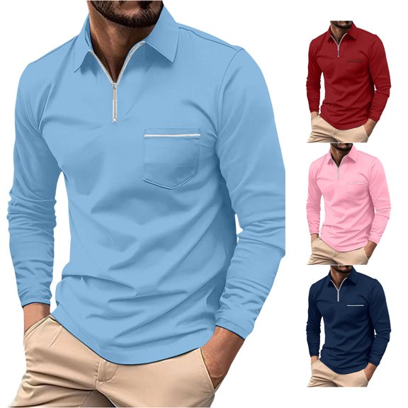 Afdoent Mens Polo Shirts Long Sleeve Color Block Lapel Quarter Zip Shirt Casual Holiday Shirts Tops Classic Polo Shirts For Men