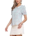 thumbnail image 4 of INSPIRAR CHIC Blusa de manga corta con volantes y cuello Peter Pan de flores para mujer L Azul claro, 4 of 6