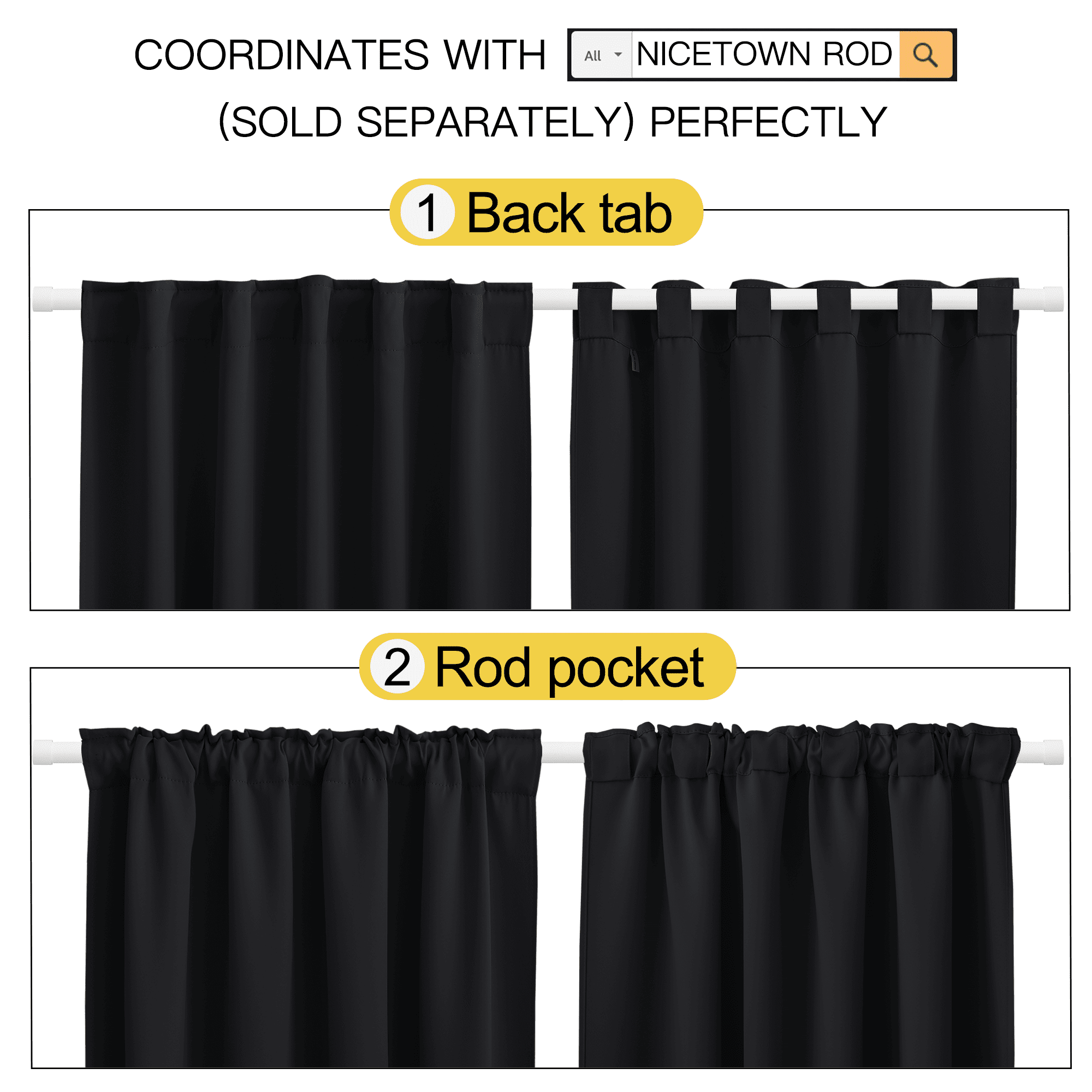 NICETOWN Solid Blackout Curtains Thermal Insulated Back Tab and Rod Pocket Black Curtains, 84" x 52" (2 Panels)