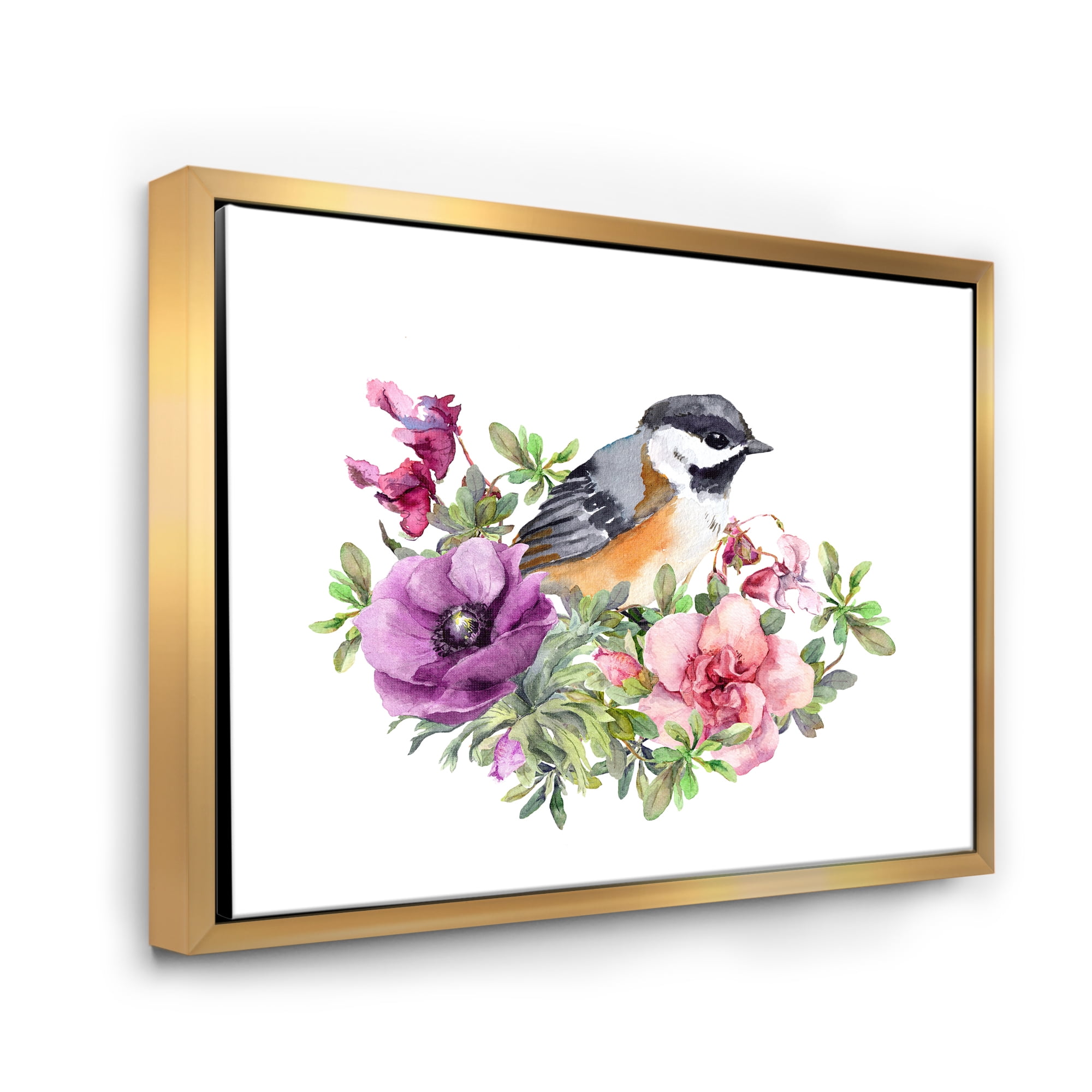 Designart 'Cute Bird In Purple and Pink Flowers' Traditional Framed Canvas Wall Art Print
