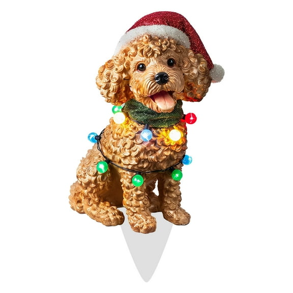 Dog Christmas Figurines with Santa Hats and String Lights, Festive Decor for Home, Tabletop and Holiday Season Decorations - A