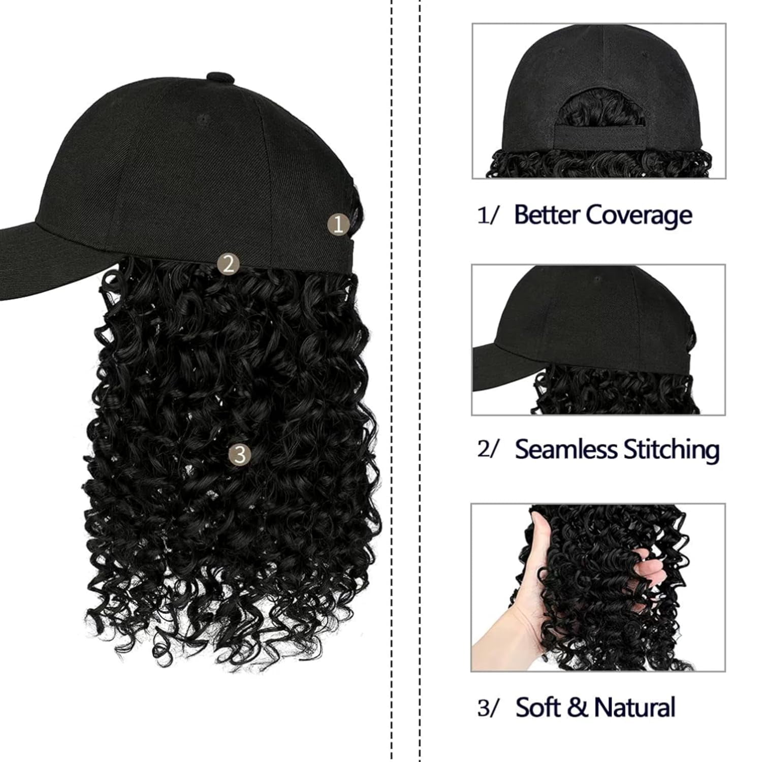 YEKEYI Headband Wig Human Hair Wigs Baseball cap Wig Curly Deep Wave Headband Wig Hat Wigs (Black hat Long Lbrown wig)