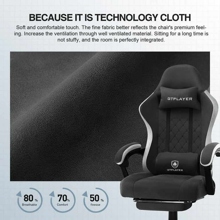 GTPLAYER Gaming Chair with Footrest Fabric Office Chair with Pocket Spring  Cushion and Linkage Armrests, High Back Ergonomic Computer Chair with