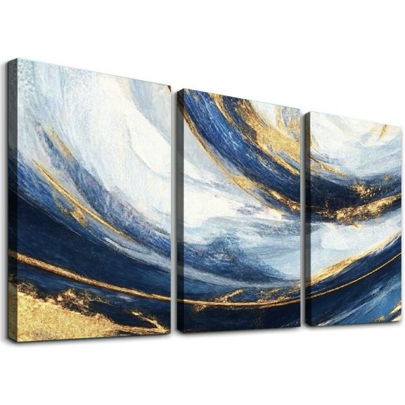 Shadudu Artwork Abstract Painting (3 Panels 12x16in),Gold Wall Decor Abstract Wall Art for Living Room Blue Artwork for Bedroom Kitchen Home Wall Decor 12x16x3pcs