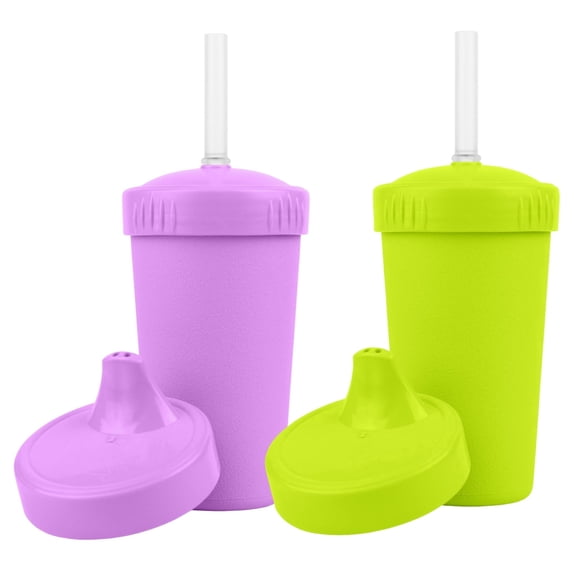 Re-Play Sippy to Straw Kids Cups - 10 oz. Set of 2 - USA Made Recycled BPA-Free Plastic Lid Choice - Grows with Your Child - Purple, Lime